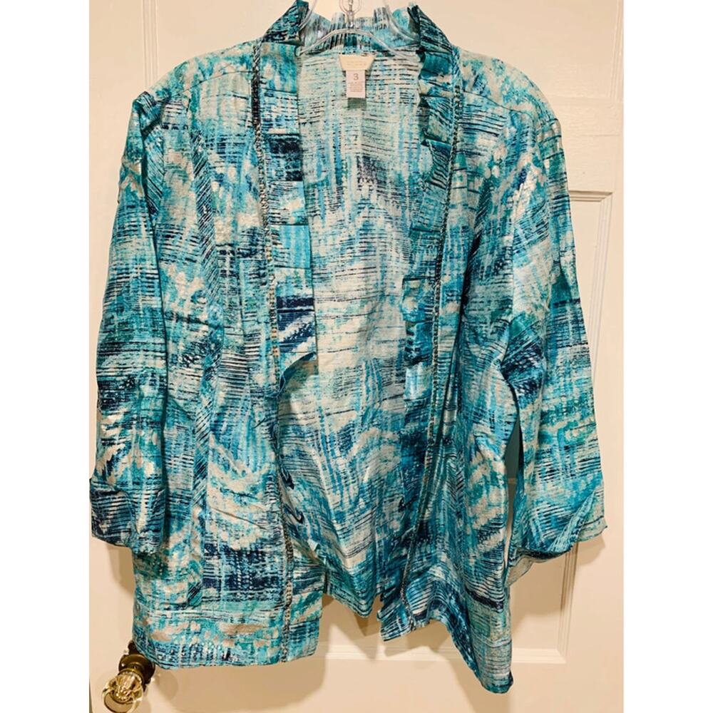 Chico's 3 Freeda Open-Front Blazer Maui Blue w/ Metal Bead Accents & 3/4 Sleeves